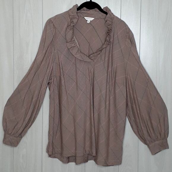 Crown Ivy Brown Pink Green Long Sleeve Top Frilly Collar Size 3x - Picture 1 of 5